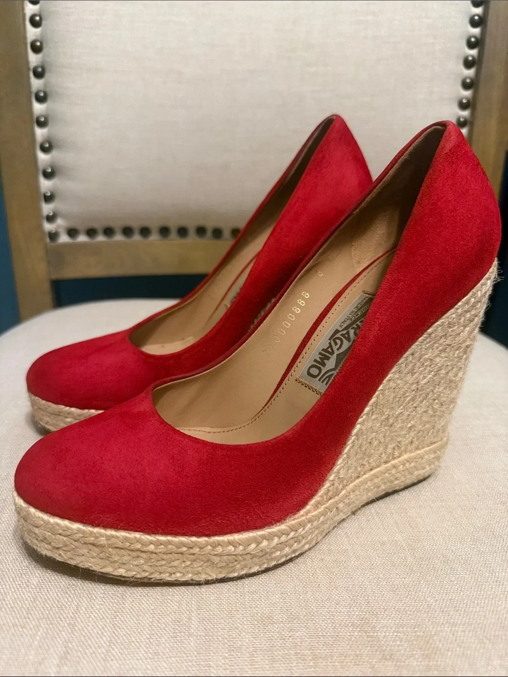 Salvatore Ferragamo Red Suede “Bernie” Espadrille Platform Wedges, Size 6C